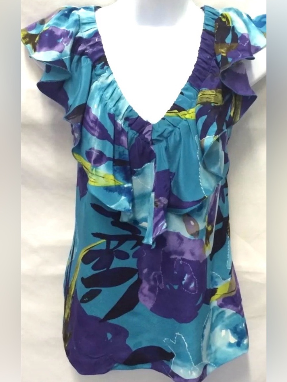 TRINA TURK Blouse Top Silk Ruffle V Neck Blue Sleeveless - Picture 2 of 7